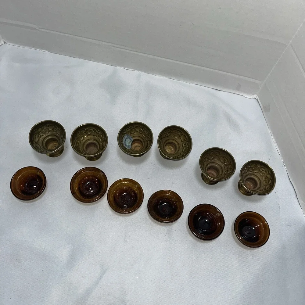 6 Piece Brass With Amber Glass Offering‎ Bowls , Tibetan Vintage